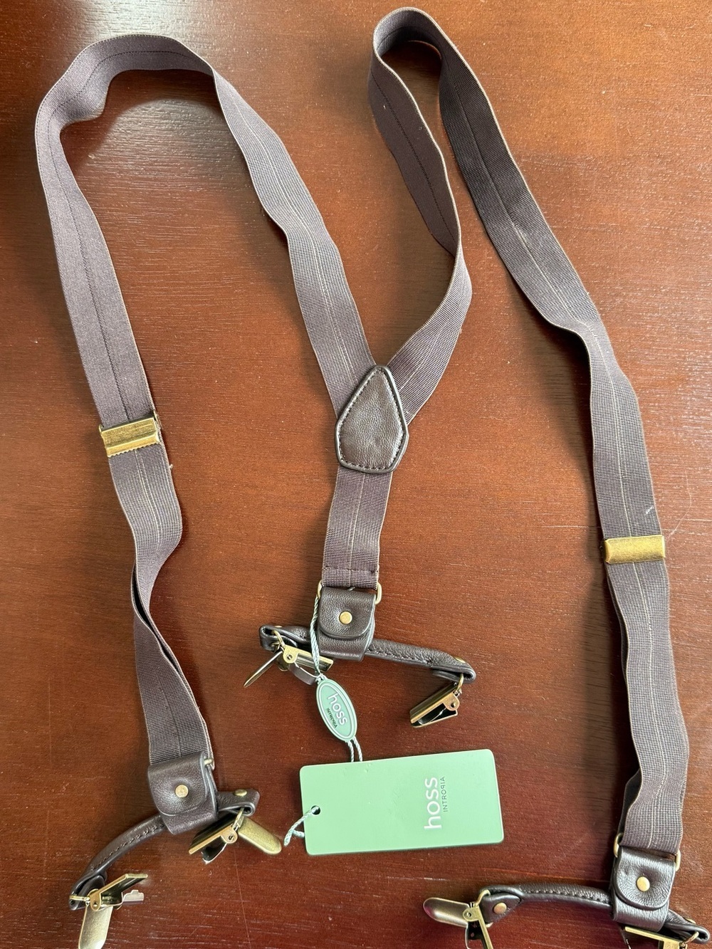 Hoss Women’s Brown Leather-Trim Suspenders with Metal Clips